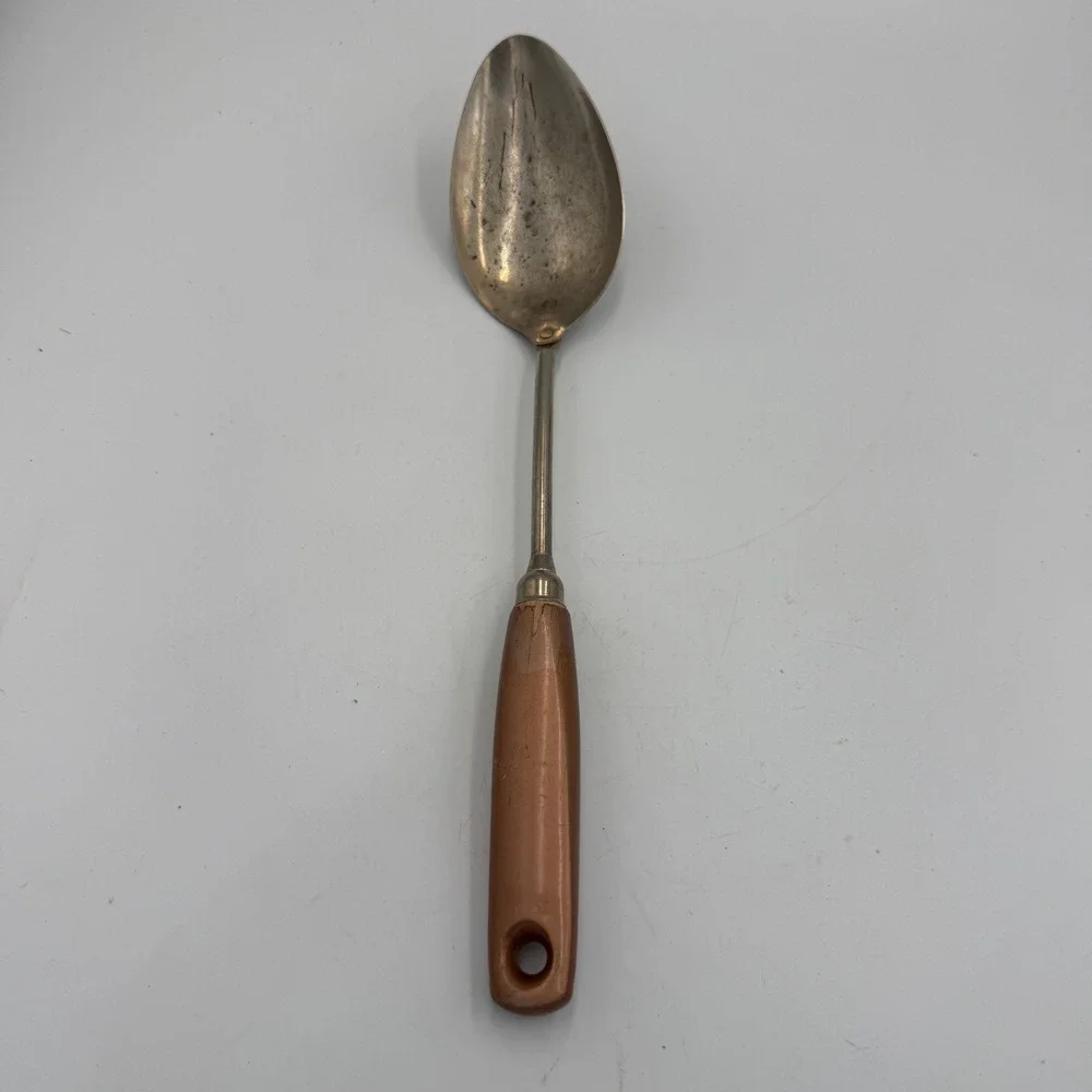 Vintage Ekco USA Stainless Serving Spoon Copper Handle Mid Century Kitchen Tool